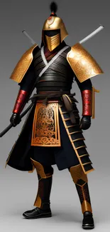 Golden-armored samurai standing proud with swords on a gray background.