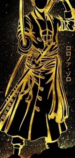 Golden silhouette of a samurai warrior holding swords on a dark background.