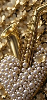 Golden saxophone with pearls and flowers.