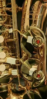 Close-up of golden saxophone showing keys and details.