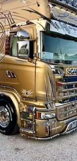 Golden Scania truck with detailed design on mobile wallpaper.