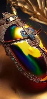 Golden scarab beetle with iridescent colors on a mobile wallpaper.