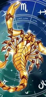 Golden Scorpio on cosmic zodiac background wallpaper.