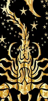 Gold scorpion design with stars on black background.