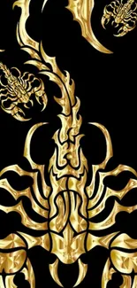 Golden scorpion design on black background.