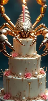Golden scorpion atop a decorated cake with flowers.