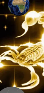 Golden scorpion with celestial background, featuring earth.