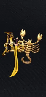 Golden scorpion and sword design on a black textured background.