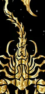 Golden scorpion design on black wallpaper background.