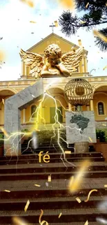 Golden angel sculpture with church backdrop and spiritual symbols.