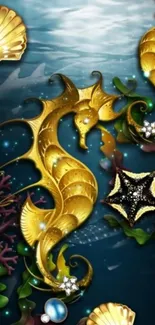 Golden seahorses and marine elements on a vibrant ocean-themed mobile wallpaper.