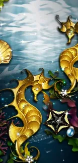 Golden seahorses with seashells and coral underwater wallpaper.