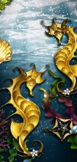 Golden seahorses swim in a colorful underwater fantasy setting.