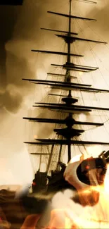 Sepia-toned tall ship with golden fire effects, ideal for nautical lovers.