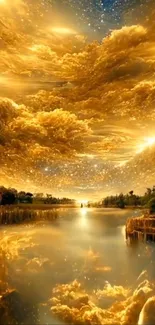 Golden sky and river landscape scene with serene reflections.