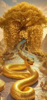 Golden snake in an enchanted forest with golden hues.