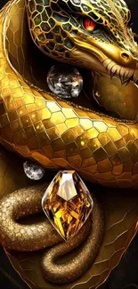 Golden serpent coiled with gemstones in artistic style.