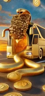 Golden serpent emerging from luxury bus with coins.