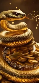 Golden snake coiled on coins, sparkling with opulence.