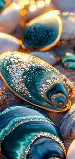 Glistening golden-edged seashells on sandy beach
