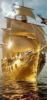 Golden ship with elegant sails on tranquil sea.