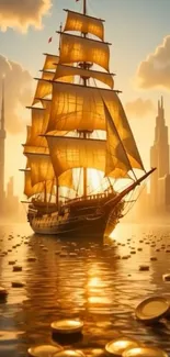 Majestic ship sails under a golden sunset amid a city skyline.