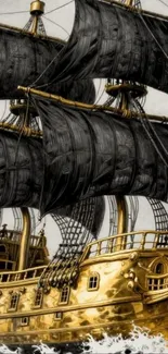 Golden ship with black sails on turbulent seas.