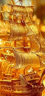 Golden ship ornament with detailed sails.