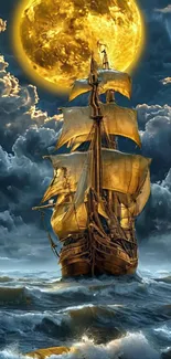 Golden ship sailing under a full moon with dark clouds.