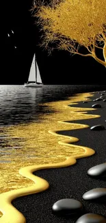 Artistic golden shoreline with sailboat and luxury design.