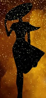 Artistic silhouette on a golden glitter background wallpaper.