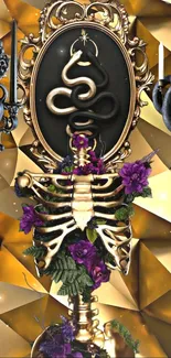 Golden skeleton with snake and purple flowers on a geometric gold background.