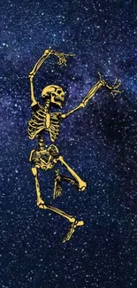 Golden skeleton dancing against a starry galaxy backdrop.