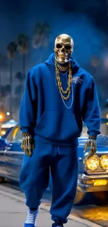 Golden skeleton in a blue hoodie standing by a car.