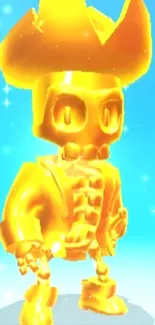 Golden skeleton pirate against bright blue background.