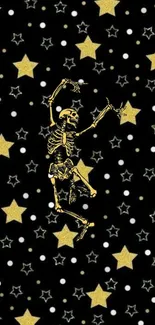 Mobile wallpaper with a golden skeleton and stars on a black background.