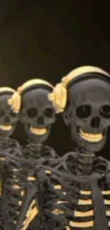 Line of black skeletons with golden headphones on a dark background.