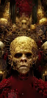 Intricate golden skull artwork with dark, gothic elements for mobile wallpaper.