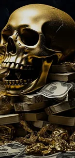 Golden skull atop a pile of cash with dark background.