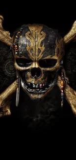 Golden skull and crossbones on a dark background.