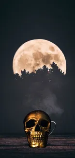 Mobile wallpaper with golden skull and full moon in dark sky.