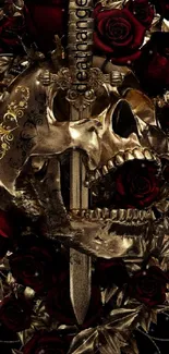 Golden skull and red roses with dagger in artistic wallpaper.