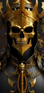 Golden skull armor with intricate design on dark background.