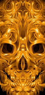 Intricate golden skull design with dark background.