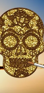 Golden skull artwork with cigarette on serene gradient background.