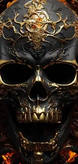 Intricate golden skull mobile wallpaper with fiery details and dark tones.