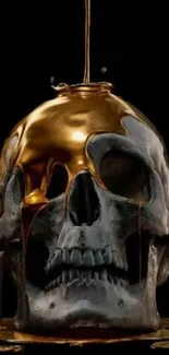 Black wallpaper with a realistic skull and golden liquid flowing over it.