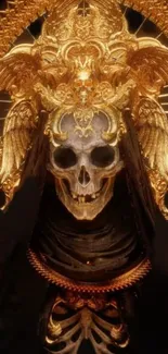 Ornate golden skull with intricate details and dramatic design.