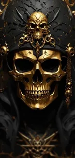 Golden skull with intricate design and dark background.