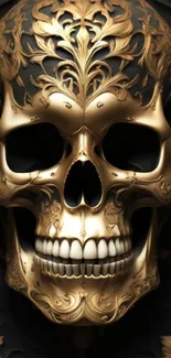 Ornate golden skull with intricate details on dark backdrop.